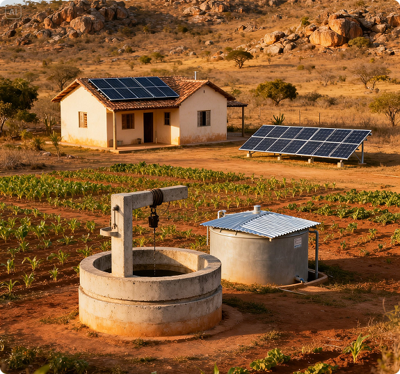 Comunidade com painéis solares e poço